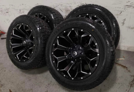Mounted & Balanced Package - Fuel Assault D576 Wheel - 6x135/6x139.7 Bolt Pattern - (Gloss Black Milled Finish) - Radar Renegade A/T Pro Tire - 275/55R20